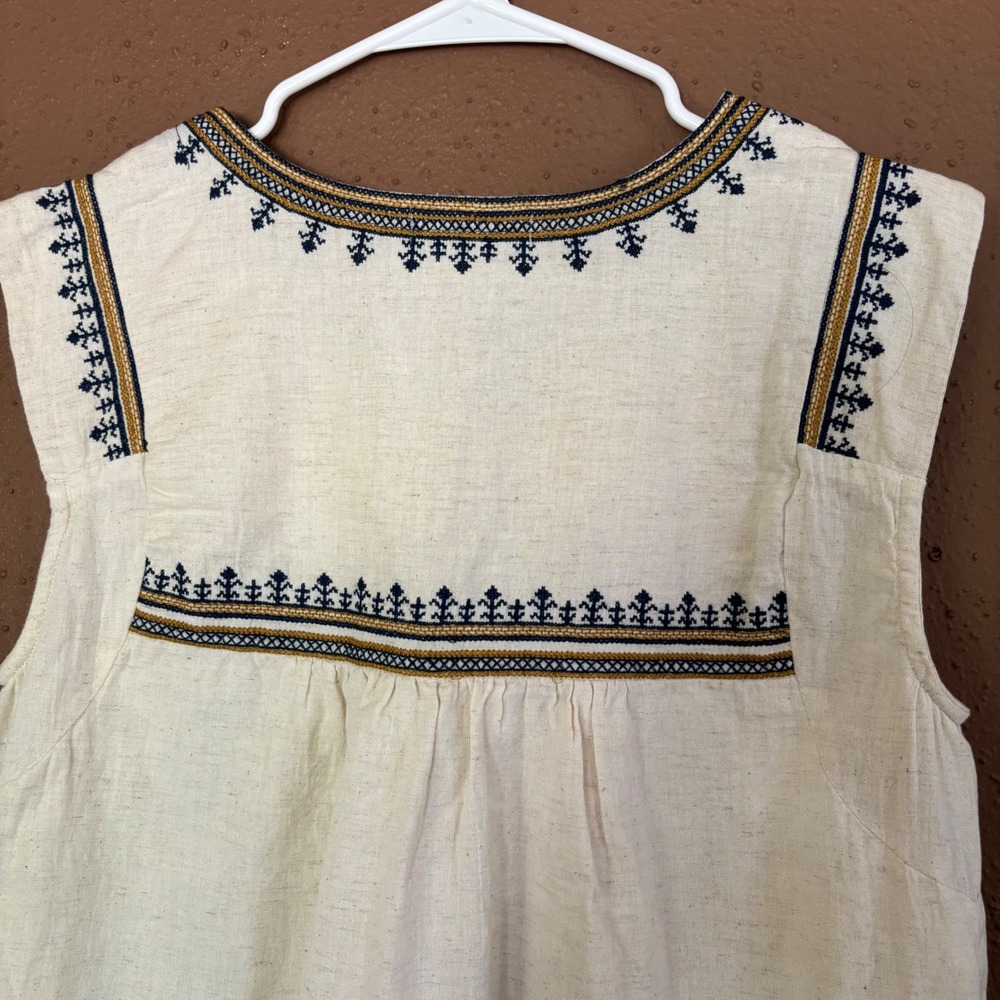 World Market Embroidered Cotton Linen Boho Shift Dress Cream Navy SM - Picture 6 of 9